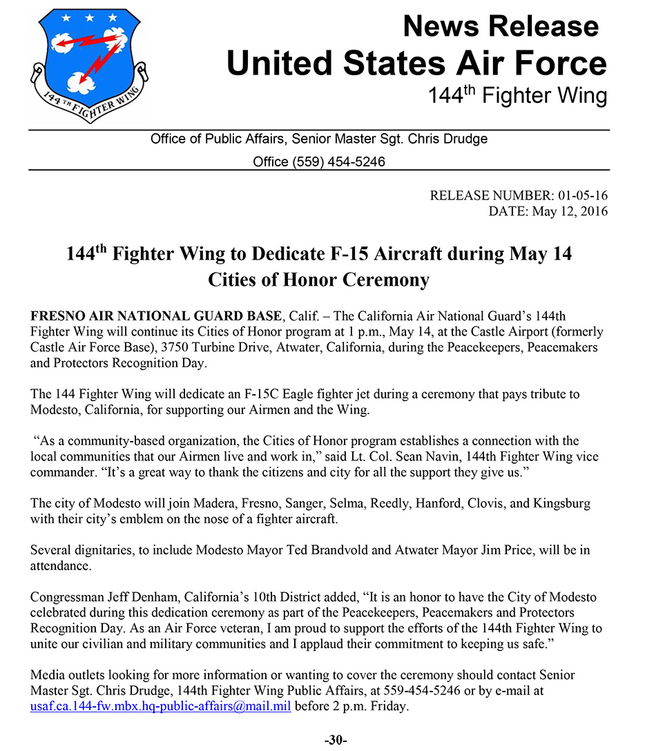 144th Fighter Wing to Dedicate F-15 Aircraft during May 14 Cities of Honor Ceremony